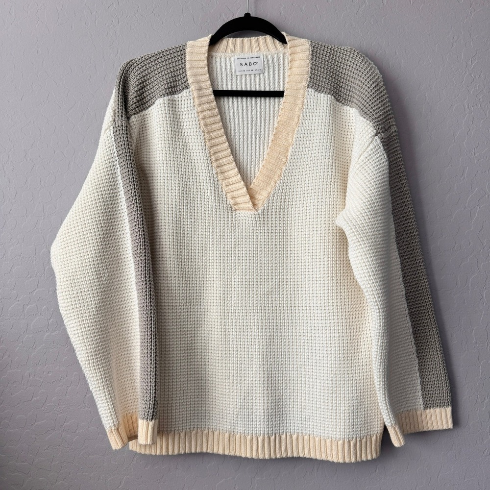 Sabo Medium Sweater Cream Tan Grey Long Sleeve Colorblock V-Neck Waffle Knit